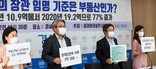 경실련 관계자들이 1일 경실련에서 문재인 정부 전 현직 장관 보유 부동산 분석결과를 발표하고 있다.<연합뉴스>